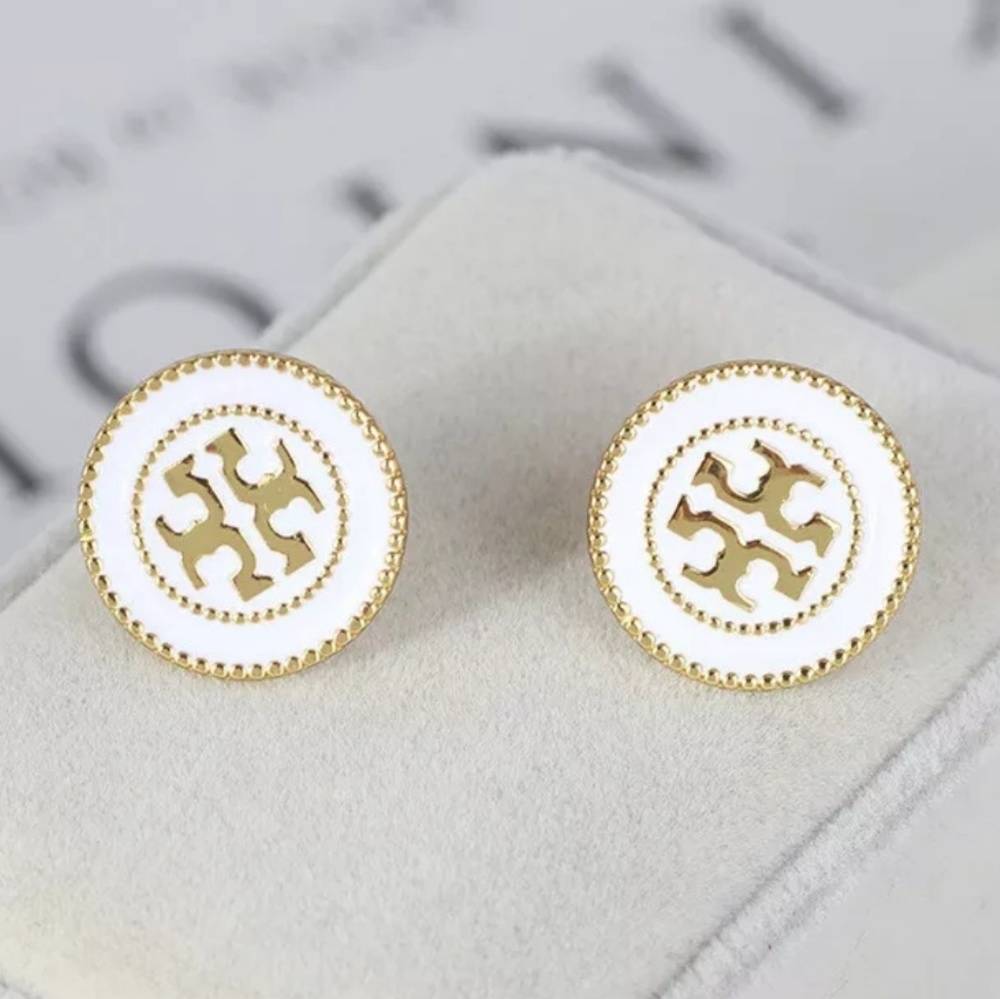 Tory Burch White & Gold Button Logo Stud Earrings - Picture 2 of 7